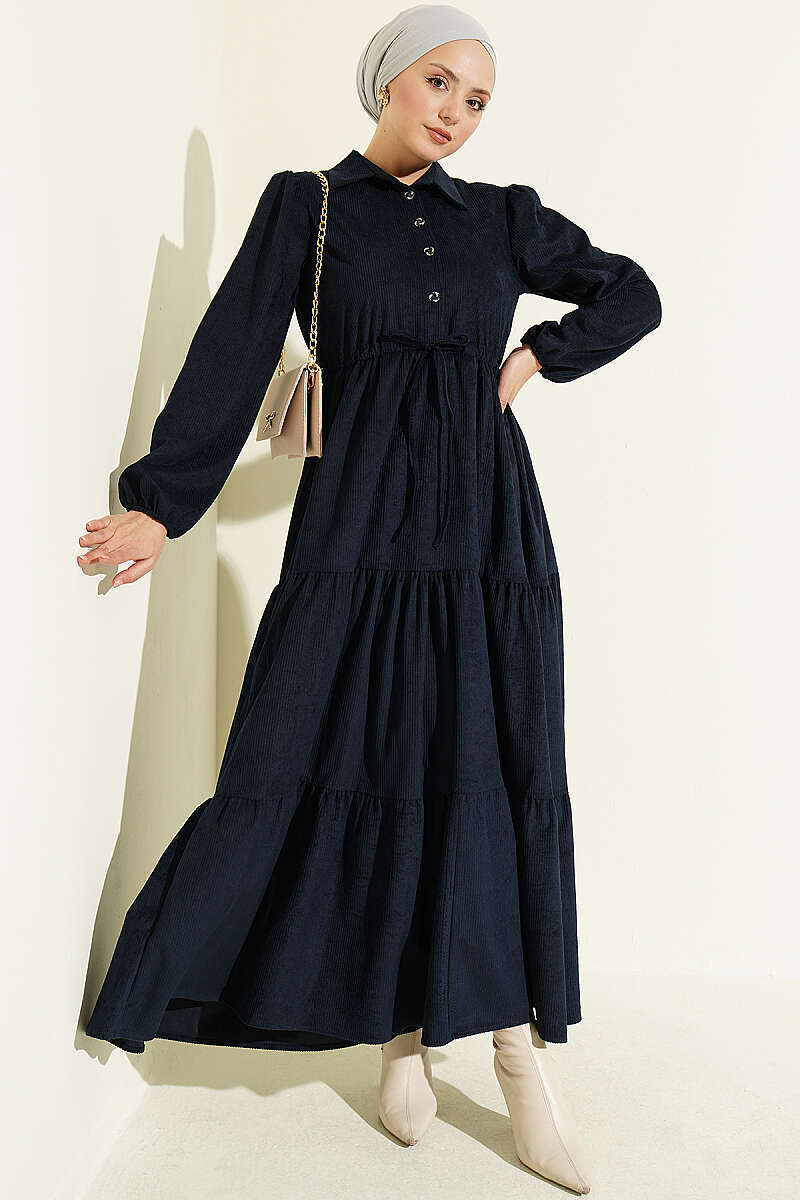 Waist-Tied Velvet Dress Navy Blue