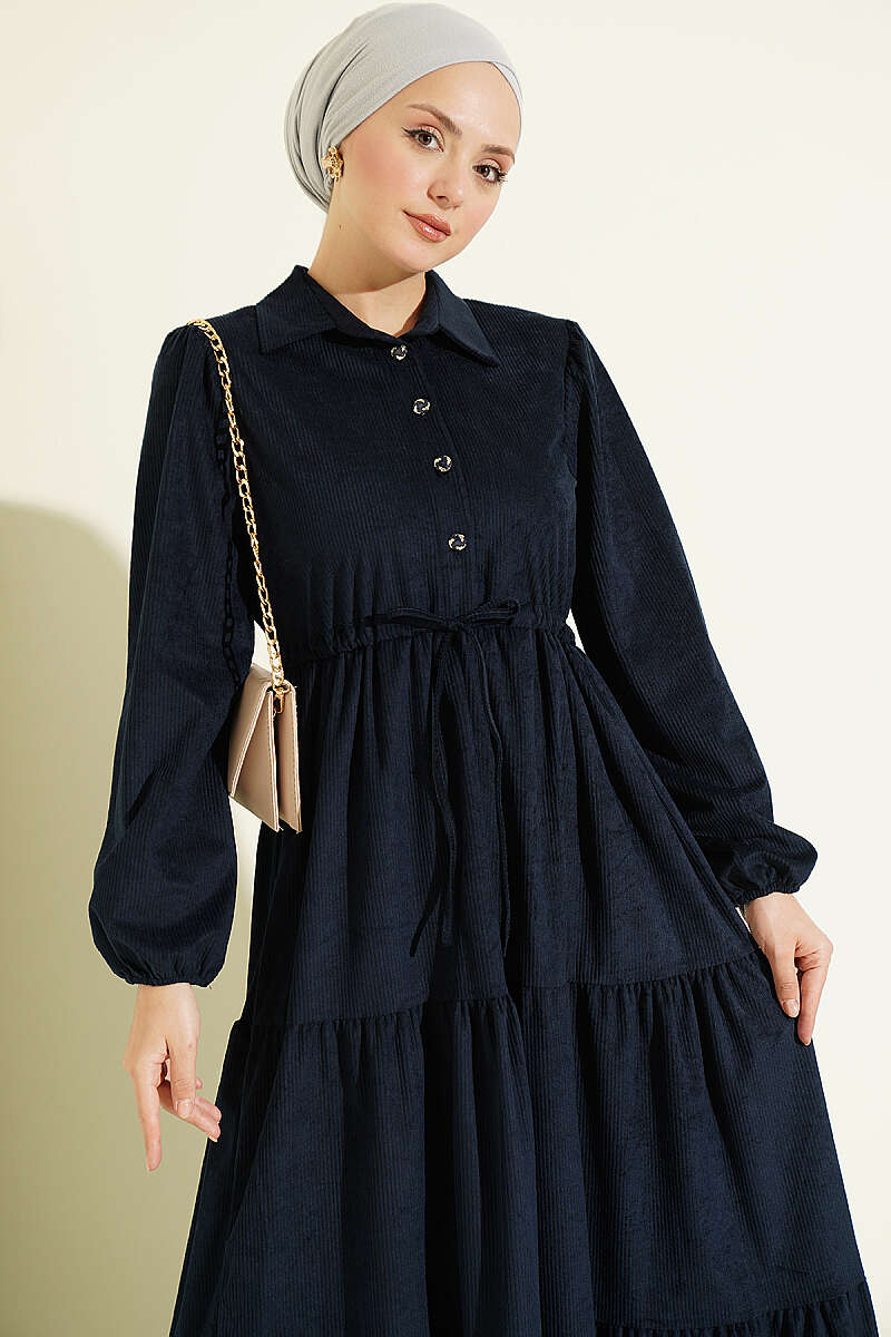 Waist-Tied Velvet Dress Navy Blue - Imagen 2