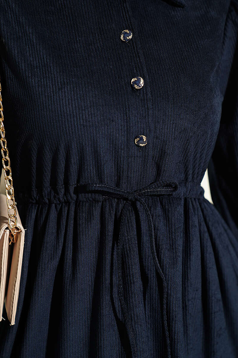 Waist-Tied Velvet Dress Navy Blue - Imagen 4