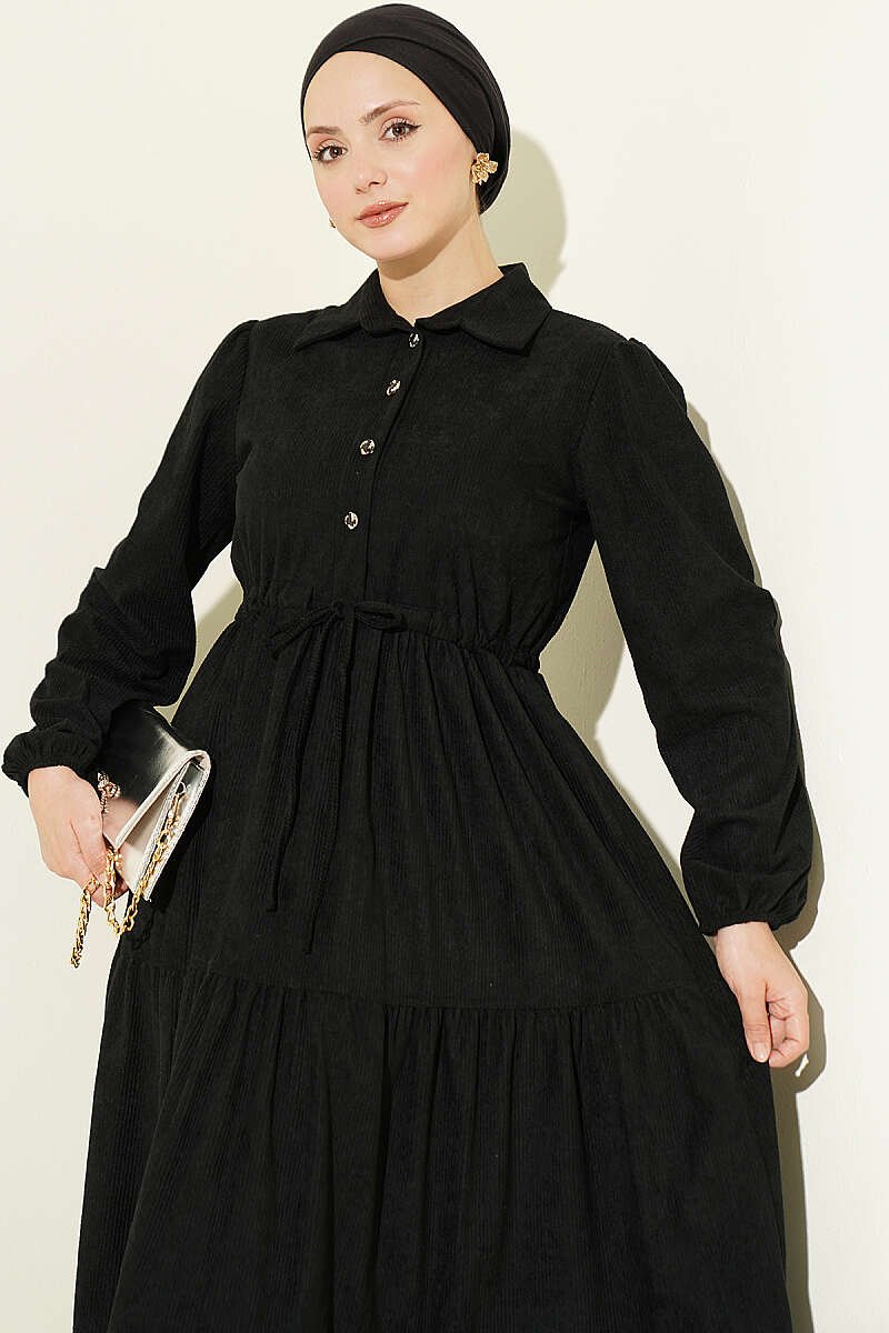 Waist-Tied Velvet Dress Black - Imagen 2