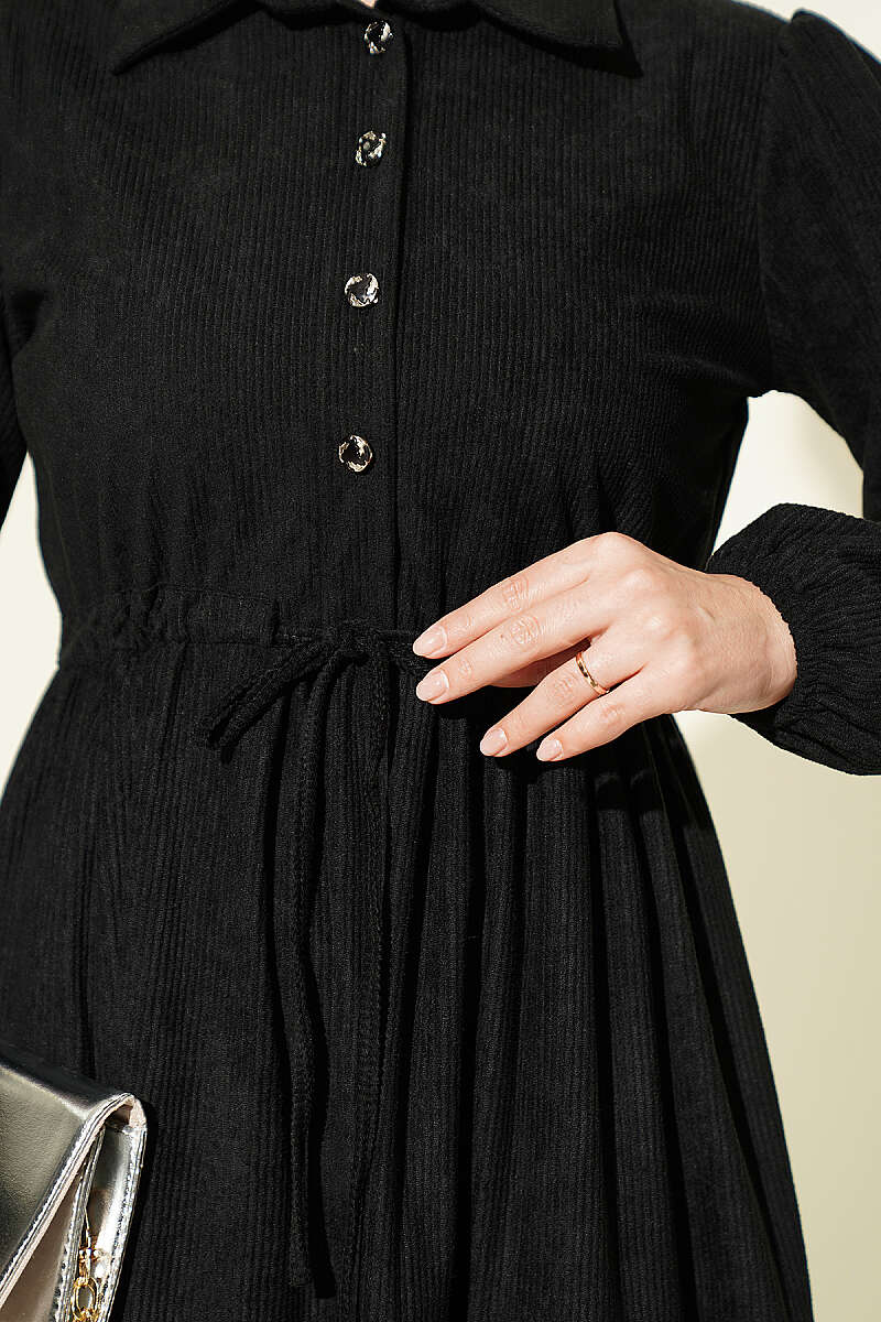 Waist-Tied Velvet Dress Black - Imagen 4