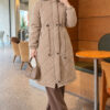 Waist-Elastic Quilted Coat with Fur Trim Beige