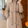 Waist-Elastic Quilted Coat with Fur Trim Beige – Bild 2