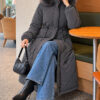 Waist-Elastic Quilted Coat with Fur Trim Dark Smoke