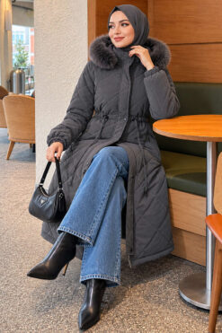 Waist-Elastic Quilted Coat with Fur Trim Dark Smoke