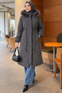 Alternative view of Waist-Elastic Quilted Coat with Fur Trim Dark Smoke