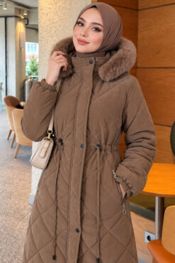 Alternative view of Waist-Elastic Quilted Coat with Fur Trim Coffee Brown