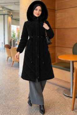 Waist-Elastic Quilted Coat with Fur Trim Jet Black