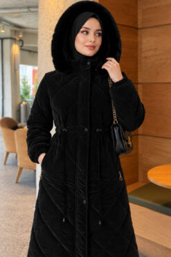 Alternative view of Waist-Elastic Quilted Coat with Fur Trim Jet Black