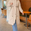 Waist-Elastic Quilted Coat with Fur Trim Taupe