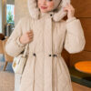 Waist-Elastic Quilted Coat with Fur Trim Taupe – Bild 2