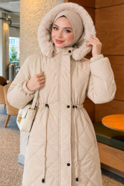 Alternative view of Waist-Elastic Quilted Coat with Fur Trim Taupe