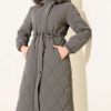 Waist-Elastic Quilted Coat with Fur Trim Smoke