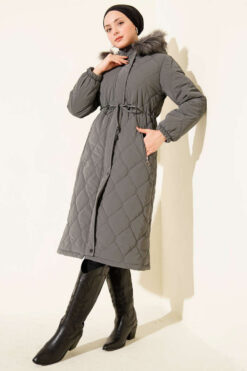 Alternative view of Waist-Elastic Quilted Coat with Fur Trim Smoke