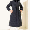 Waist-Elastic Quilted Coat with Fur Trim Navy Blue - Imagen 2