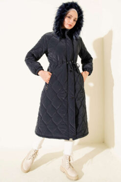 Alternative view of Waist-Elastic Quilted Coat with Fur Trim Navy Blue