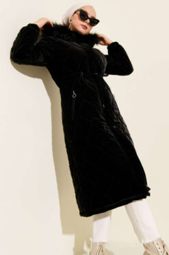 Alternative view of Waist-Elastic Quilted Coat with Fur Trim Black