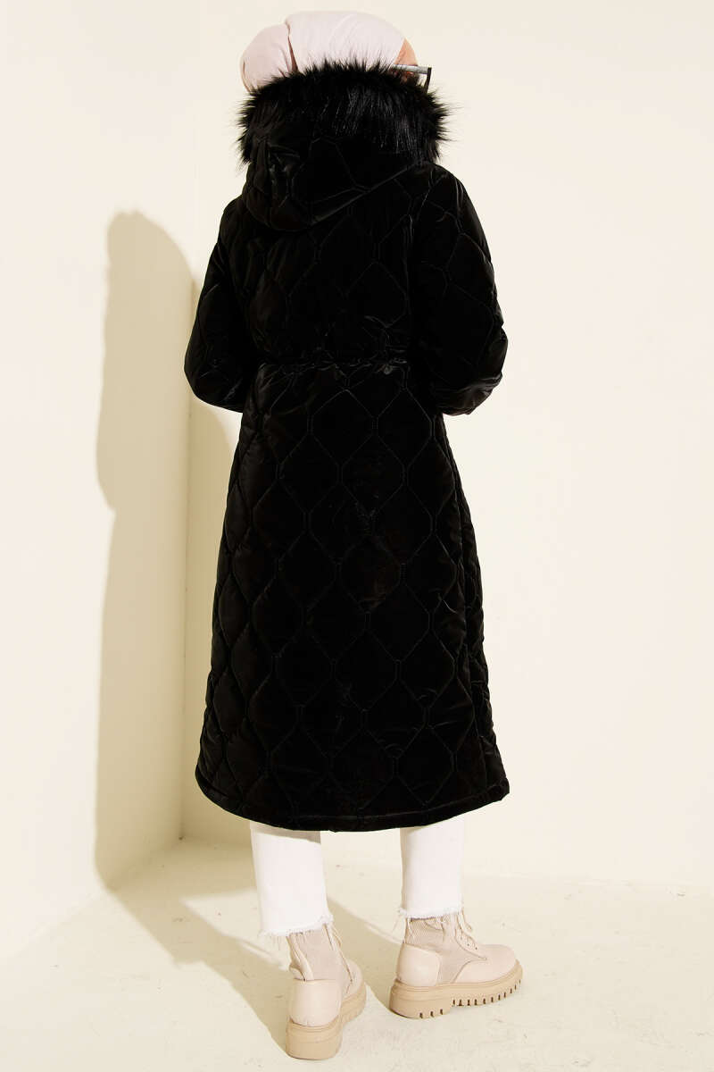 Waist-Elastic Quilted Coat with Fur Trim Black – Bild 3