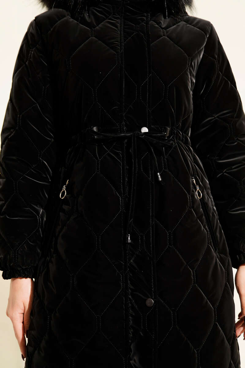 Waist-Elastic Quilted Coat with Fur Trim Black – Bild 4