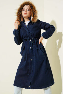 Alternative view of Waist-Banded Hooded Denim Jacket Navy Blue