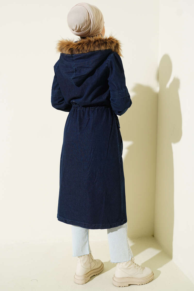 Waist-Banded Hooded Denim Jacket Navy Blue - الصورة 3