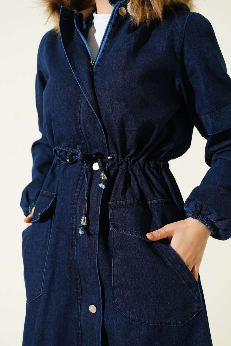 Waist-Banded Hooded Denim Jacket Navy Blue - الصورة 4