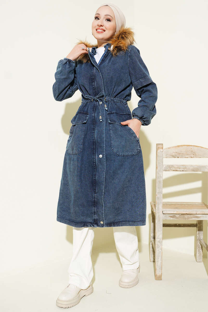 Waist-Banded Hooded Denim Jacket Blue