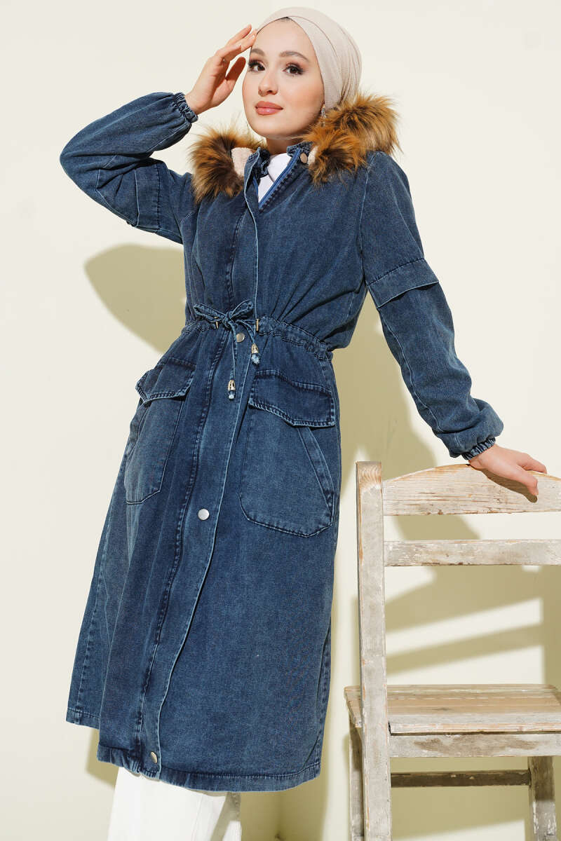 Waist-Banded Hooded Denim Jacket Blue - الصورة 2