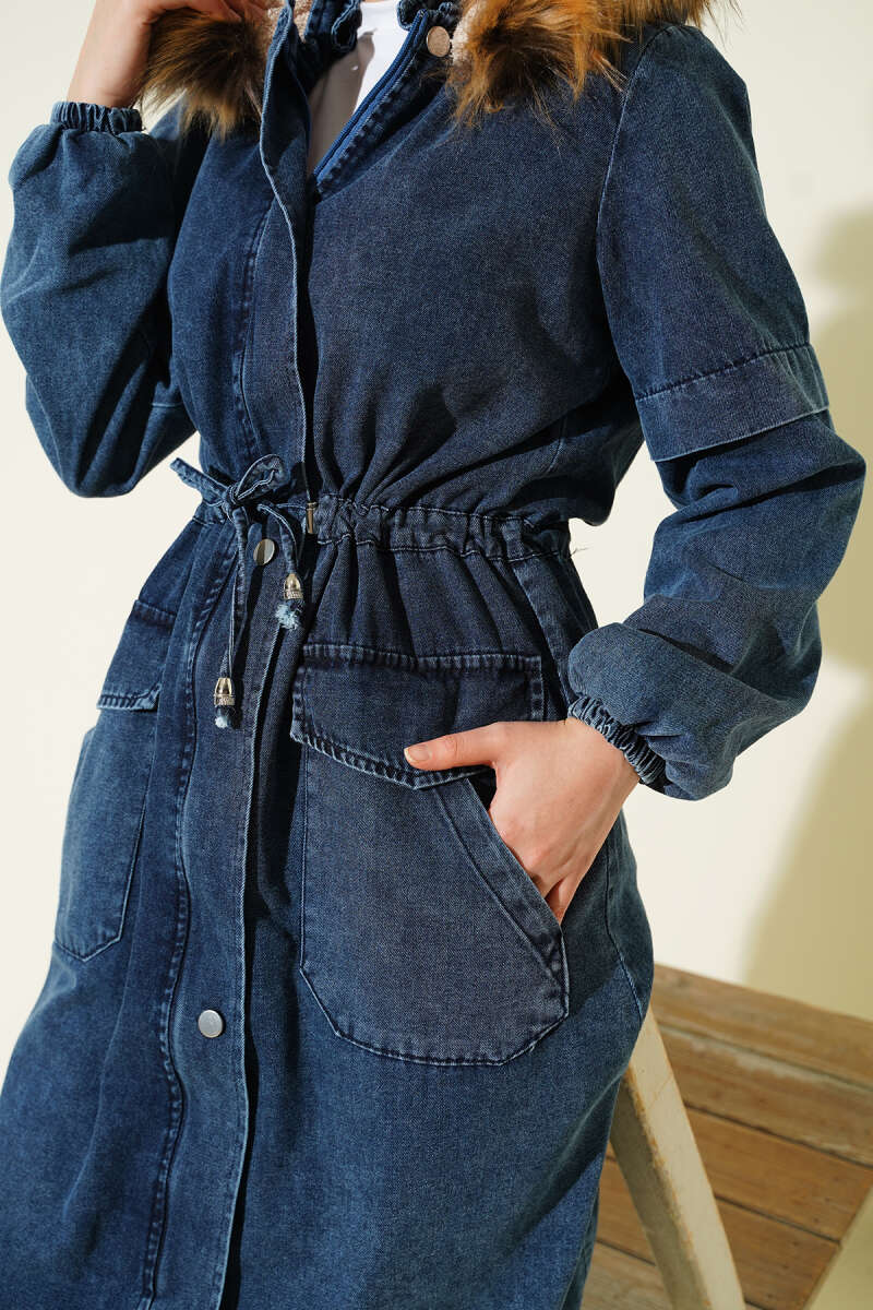 Waist-Banded Hooded Denim Jacket Blue - الصورة 4