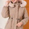 Waist-Elastic Quilted Coat with Fur Trim Beige - الصورة 2