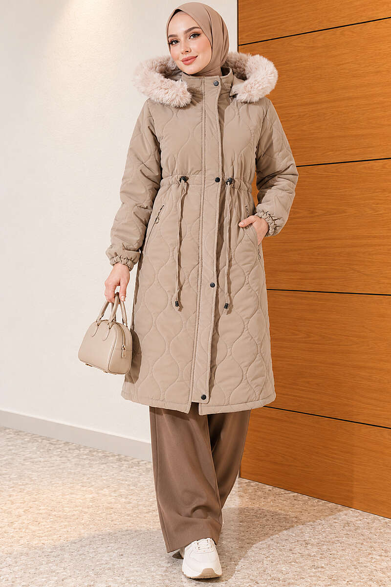 Waist-Elastic Quilted Coat with Fur Trim Beige - الصورة 3