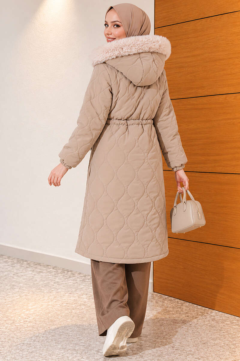 Waist-Elastic Quilted Coat with Fur Trim Beige - الصورة 4