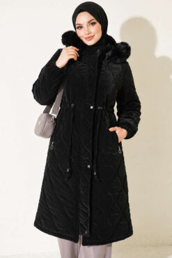 Alternative view of Waist-Elastic Quilted Coat with Fur Trim Black