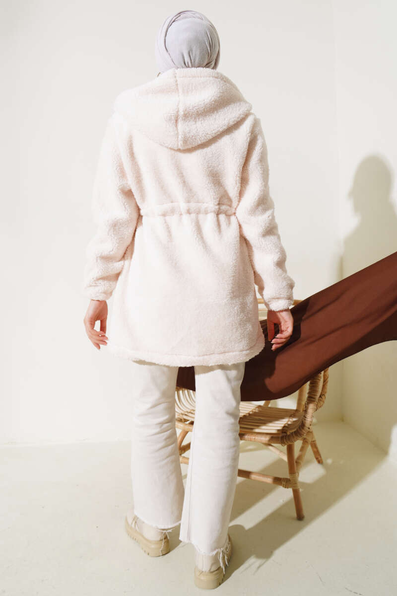 Elastic Waist Plush Cardigan Ecru - الصورة 3