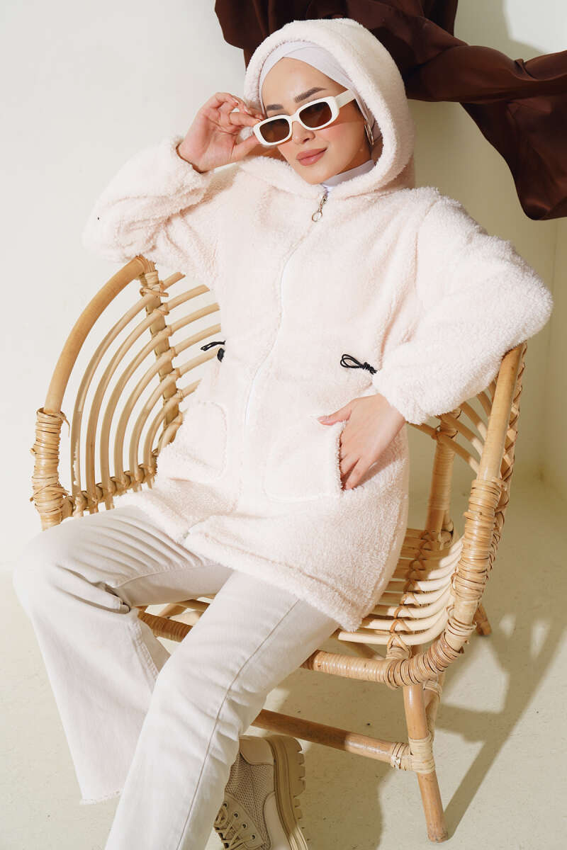 Elastic Waist Plush Cardigan Ecru