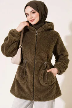 Elastic Waist Plush Cardigan Khaki
