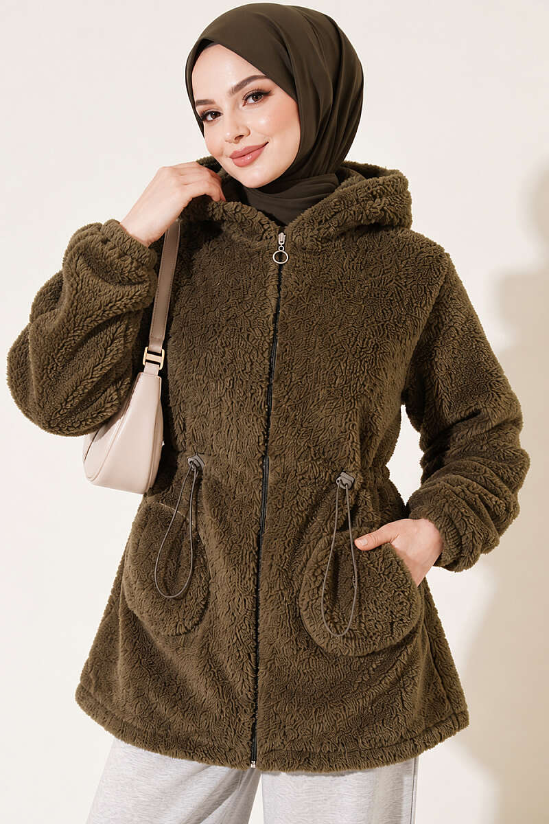 Elastic Waist Plush Cardigan Khaki