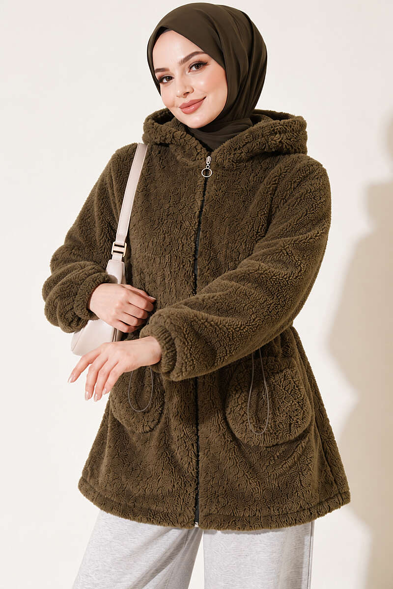 Elastic Waist Plush Cardigan Khaki – Bild 3