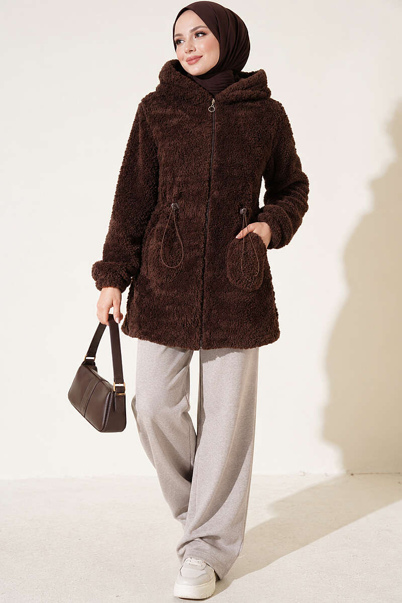 Elastic Waist Plush Cardigan Brown – Image 2