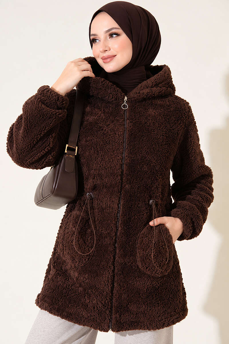 Elastic Waist Plush Cardigan Brown – Image 3