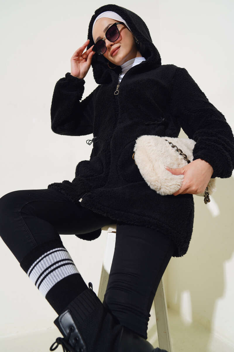 Elastic Waist Plush Cardigan Black
