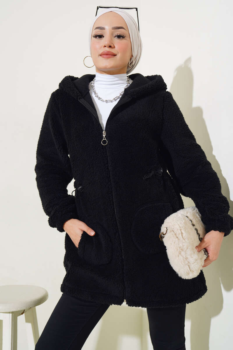 Elastic Waist Plush Cardigan Black – Bild 2
