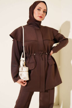 Alternative view of Waist-Banded Cape-Style Two-Piece Set Brown