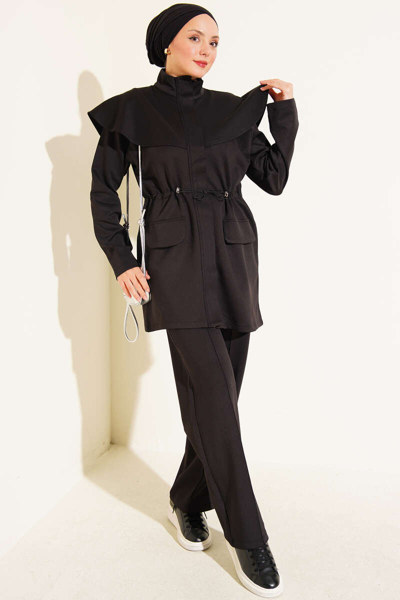 Waist-Banded Cape-Style Two-Piece Set Black