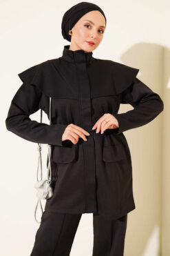 Alternative view of Waist-Banded Cape-Style Two-Piece Set Black