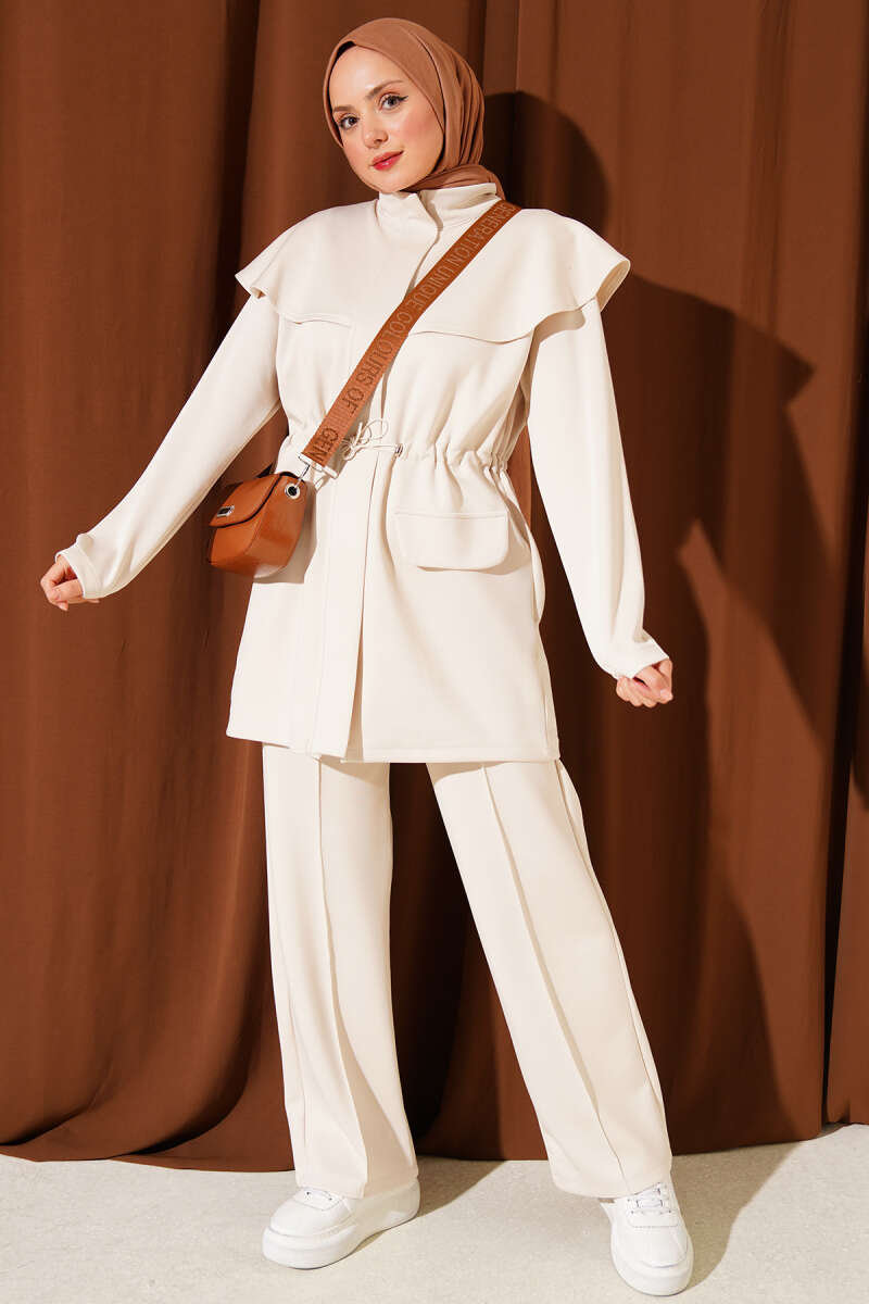Waist-Banded Cape-Style Two-Piece Set Stone