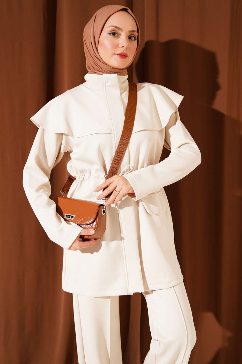 Waist-Banded Cape-Style Two-Piece Set Stone - الصورة 2