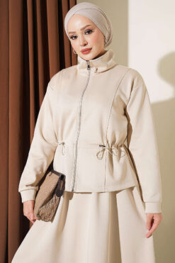 Alternative view of Waistbanded Scuba Two-Piece Set with Hem Edge Beige