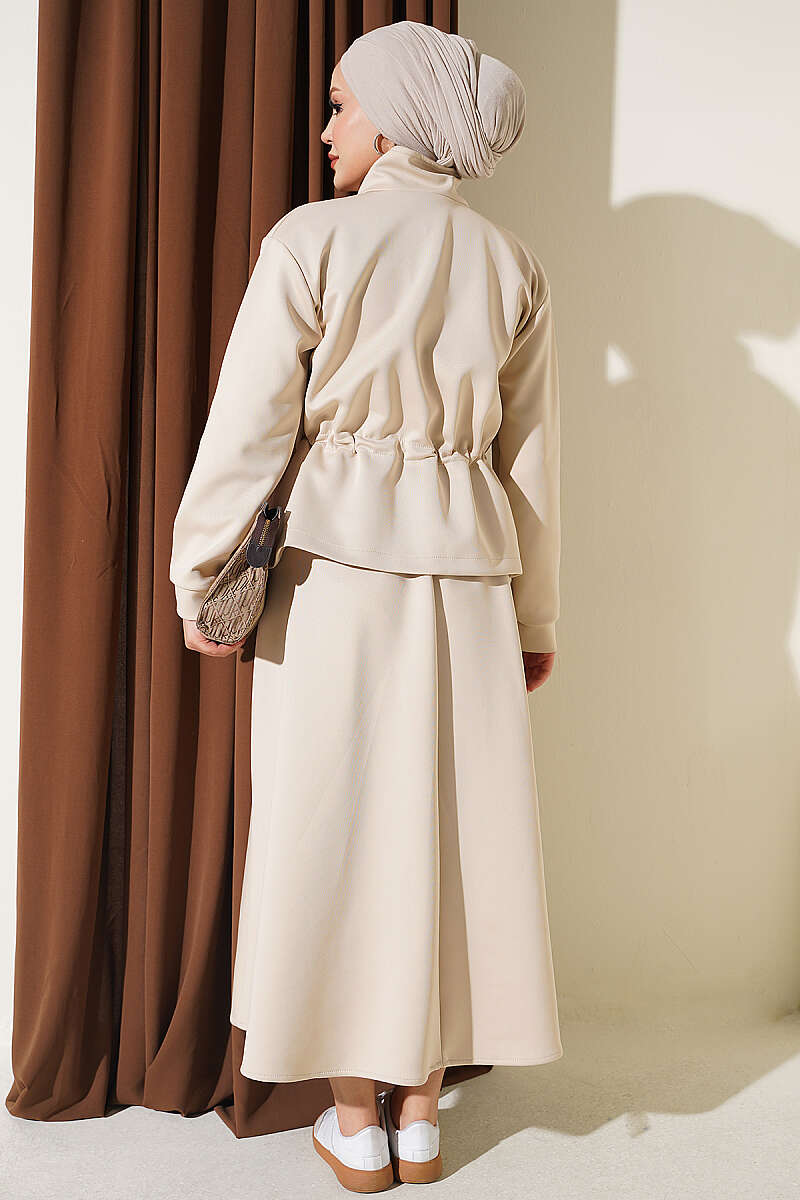 Waistbanded Scuba Two-Piece Set with Hem Edge Beige - الصورة 3