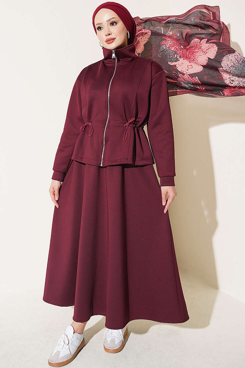 Waistbanded Scuba Two-Piece Set with Hem Edge Burgundy